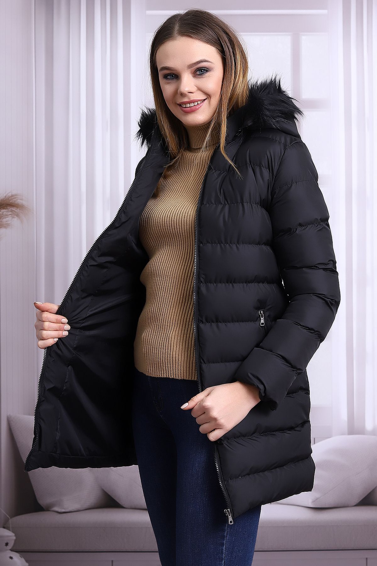 MUSD LİFE Kadın Siyah Peluşlu Microgelli Şişme Mont