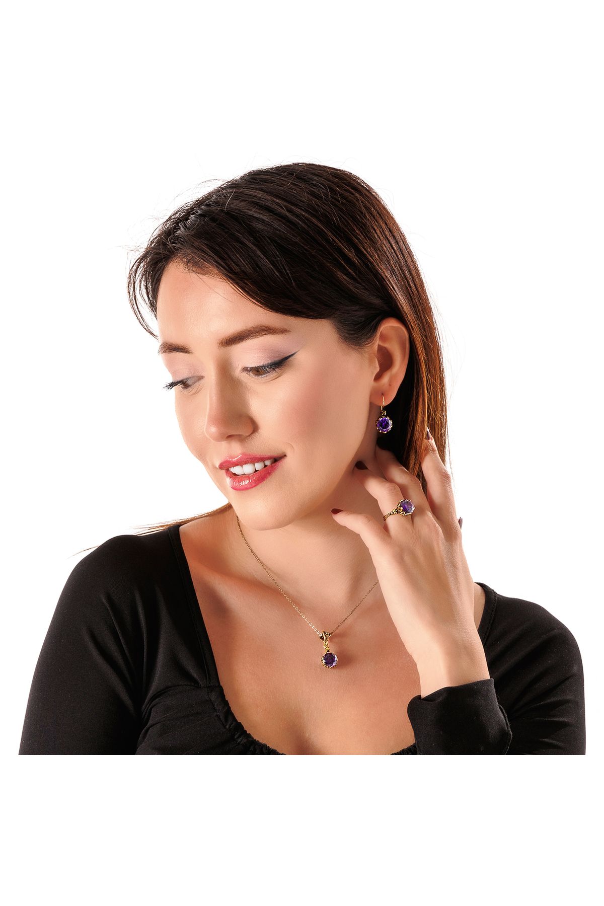 Atelier LEO Handmade Jewellery MİSTİK IŞILTI MOR TAKIM YÜZÜK NO:8 BAKIR EL YAPIMI KARARMA YAPMAZ KADIN TAKI SETİ