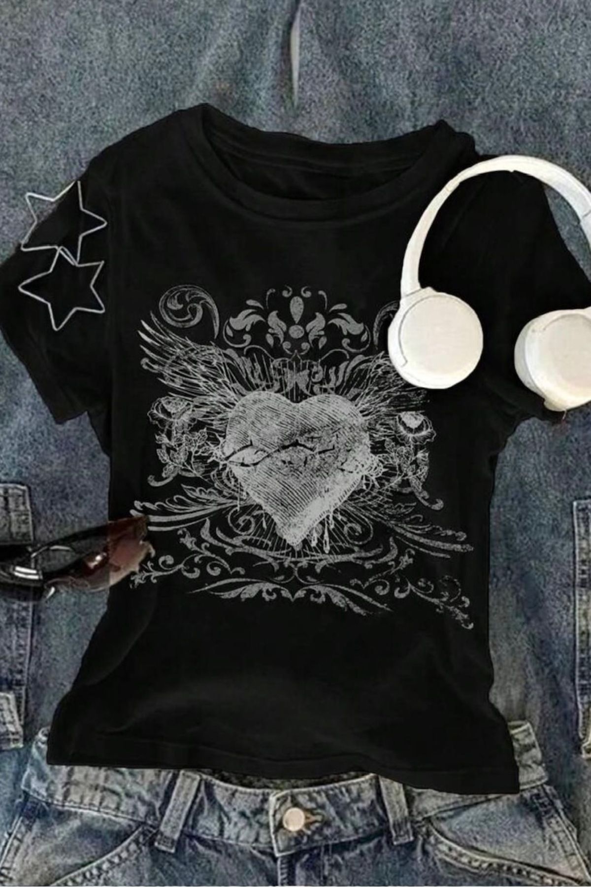 Aesthia Siyah Vintage Punk Pattern Kemer Boy Bluz
