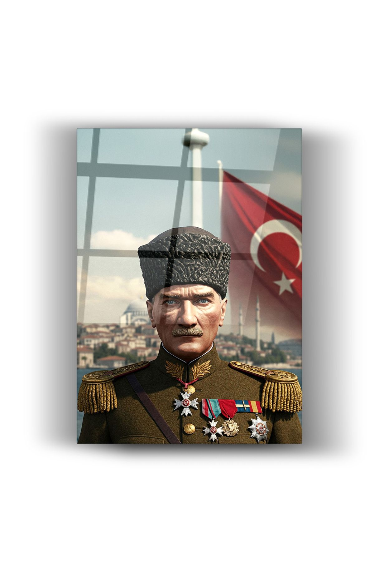 Zerawall Atatürk İstanbul Yapay Zeka Cam Tablo-Bayrak Tablosu-Ev Ve Ofis Dekorasyonu-Okul Duvar Tablosu-Ev