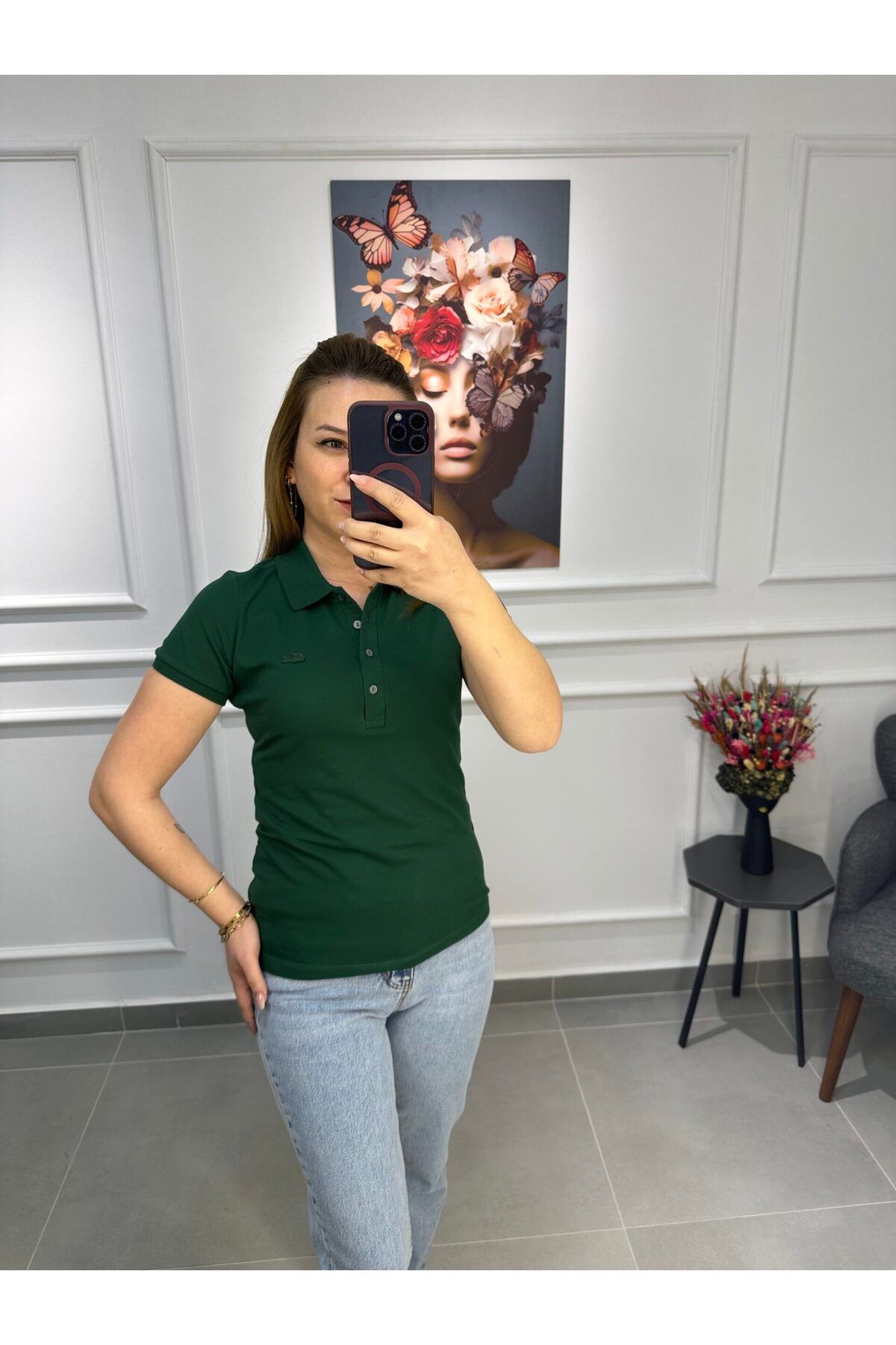 Butik Kadın Polo Yaka Yeşil Tişört