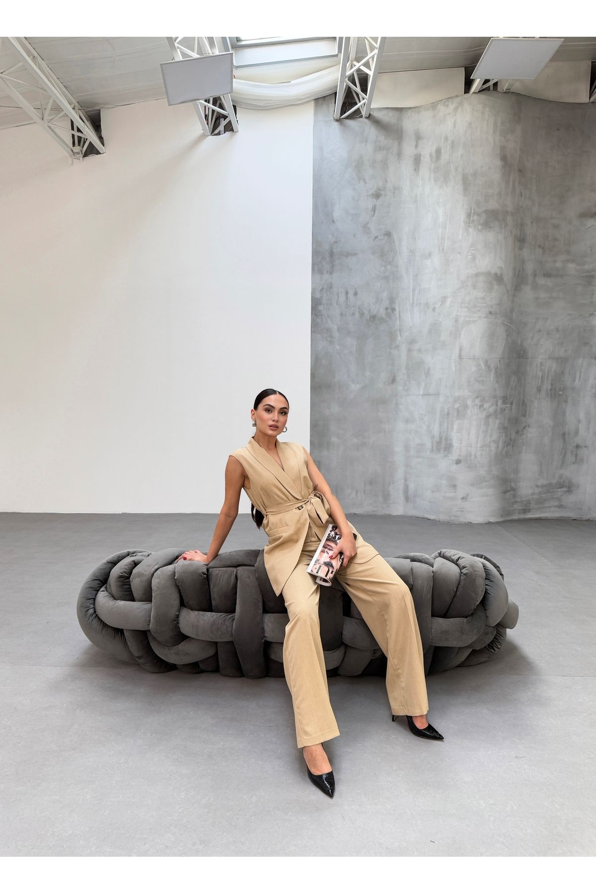 OUZ Fashion Kadın Kuşaklı Yelek Pantolon İkili Takım