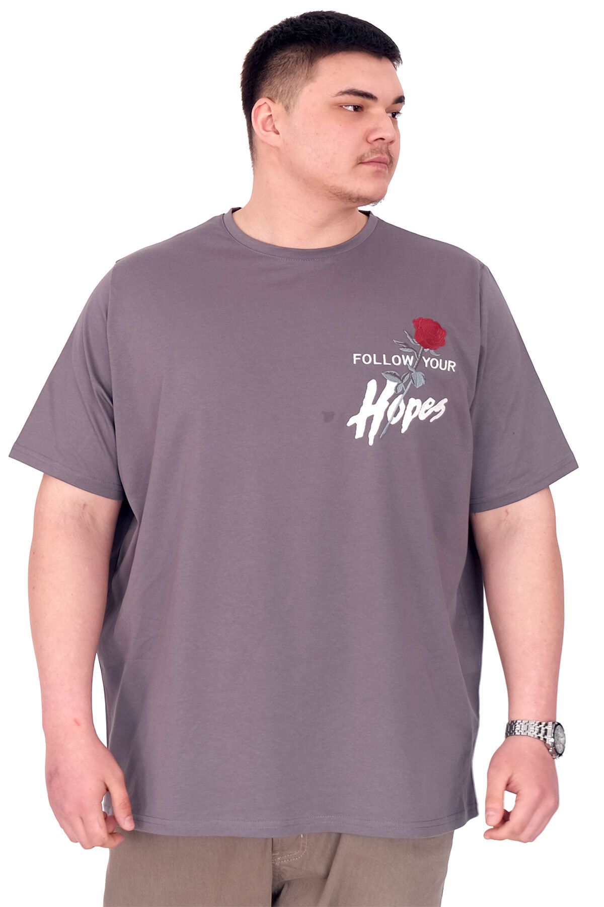 ModeXL Mode XL Büyük Beden Erkek T-Shirt Bisiklet Yaka ROSE U25032 Füme