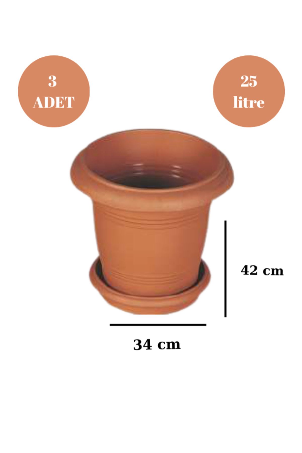 Loremp Balkon Saksı Bahçe Saksısı Büyük Boy Yuvarlak Saksı ve Altlığı 25 Litre 3 Adet 34x42