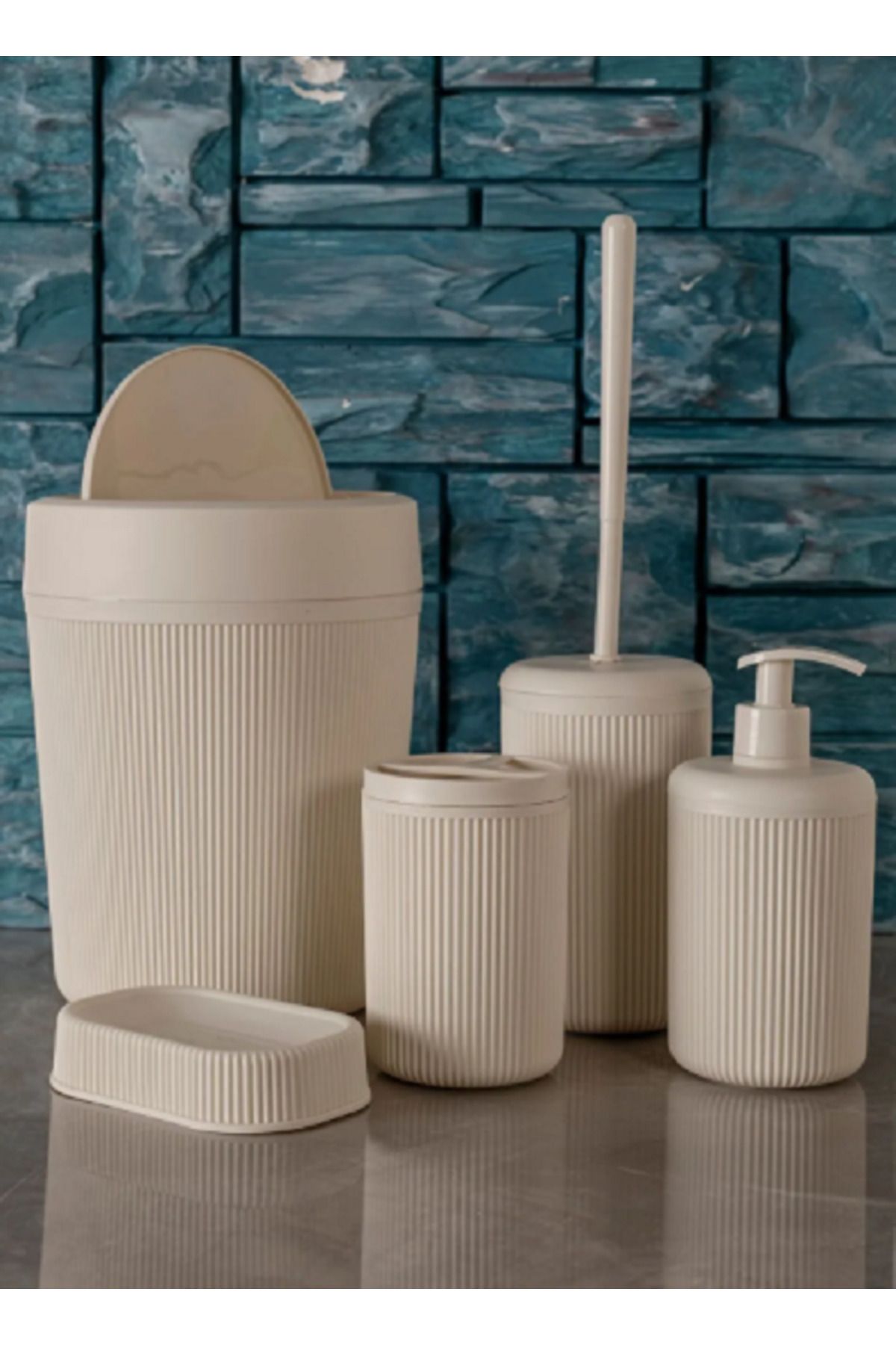 kaya avm 5'li Banyo Seti 7 Lt Çöp Kovası Tuvalet Fırçası Lavabo Takımı Sabunluk Diş Fırçalık Banyo Takımı