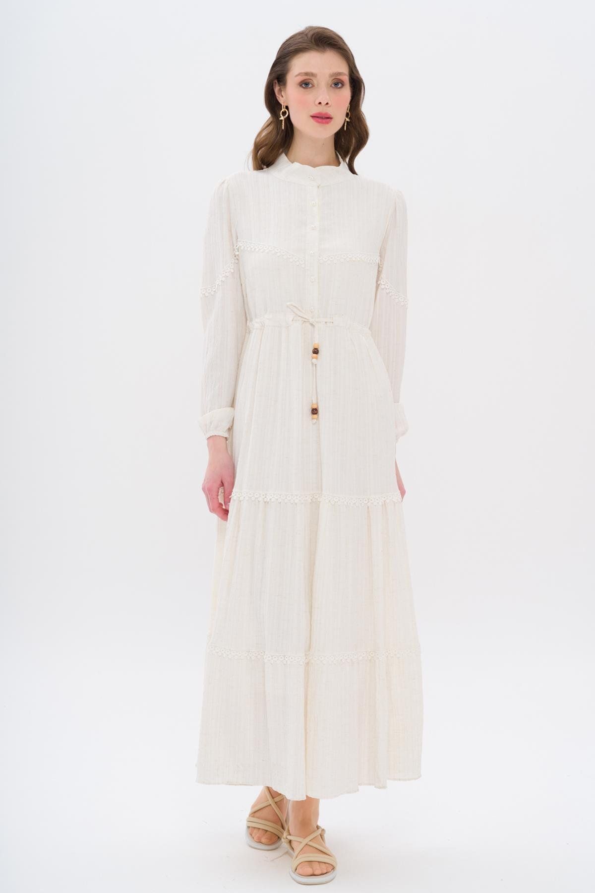 Olcay-Gerafftes Kleid in Leinenoptik mit Muscheldetail an der Taille, Creme 9235-e 5