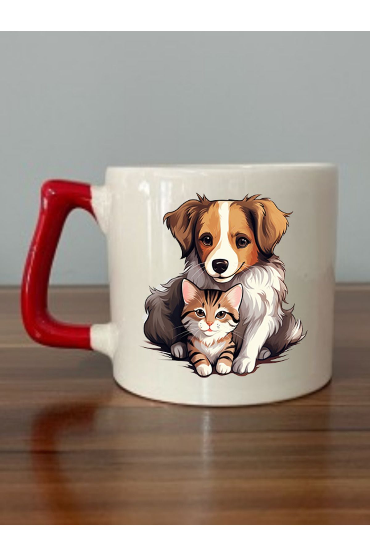 BİBANAPROMOSYON Kedili Ve Köpekli Baskılı Kırmızı Kulplu Kupa Bardak - Seramik Çay, Kahve Hediyelik Bardağı
