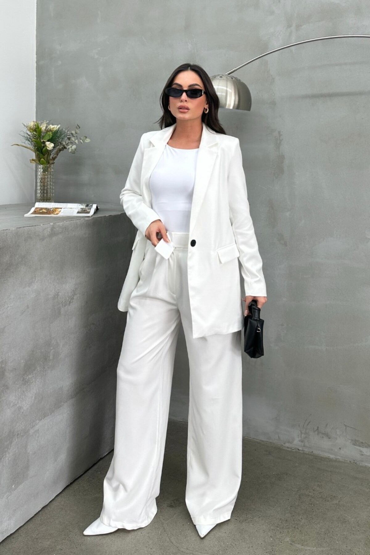 Blazer Veste Femme Blanc Coupe Décontractée Un Bouton Doublé - Görsel 6
