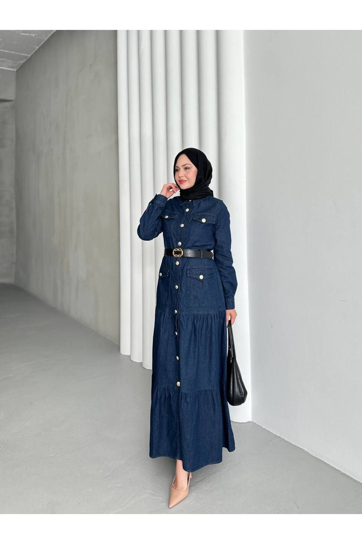 SANEZYA Kemerli Cepli Denim Elbise