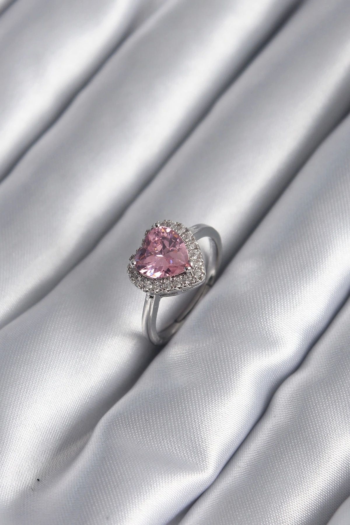 STOREMAX Pirinç Gümüş Renk Pembe Zirkon Taş Kalp Charm Model Kadın Yüzük