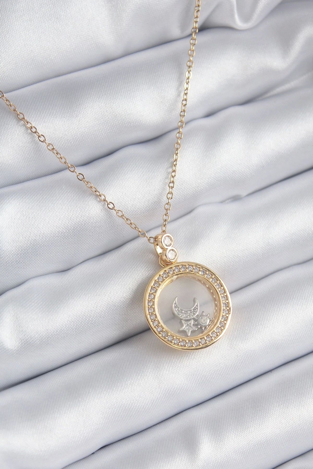 STOREMAX 316L Çelik Gold Renk Zirkon Taş Detay Ay Yıldız Fanus Model Kadın Kolye
