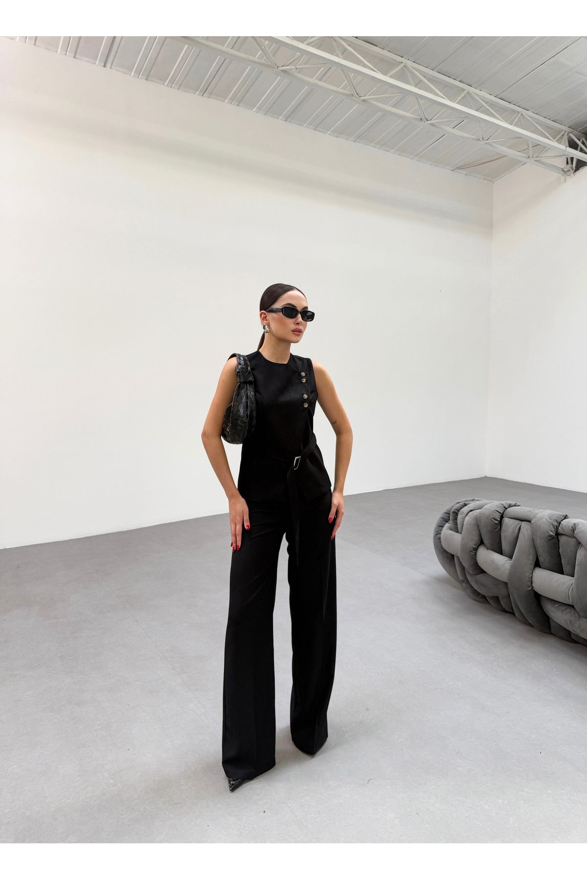 OUZ Fashion Kadın Kemerli ve Asimetrik Yelek Pantolon Takım
