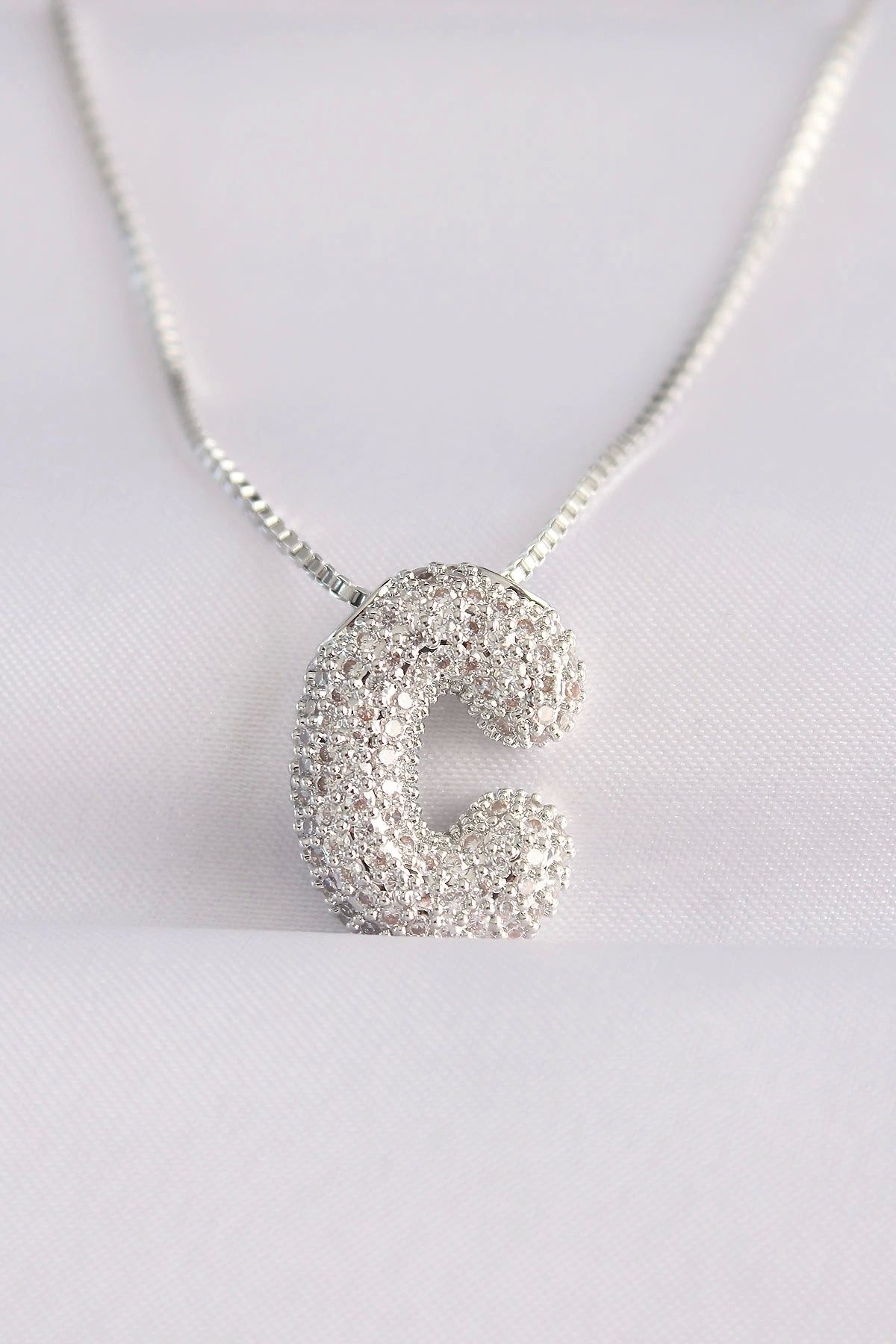 STOREMAX 316L Çelik Zincirli Zirkon Taşlı C Harfli Silver Renk Bubble Kolye