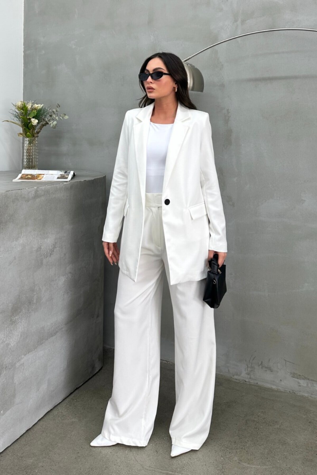 Blazer Veste Femme Blanc Coupe Décontractée Un Bouton Doublé - Görsel 5