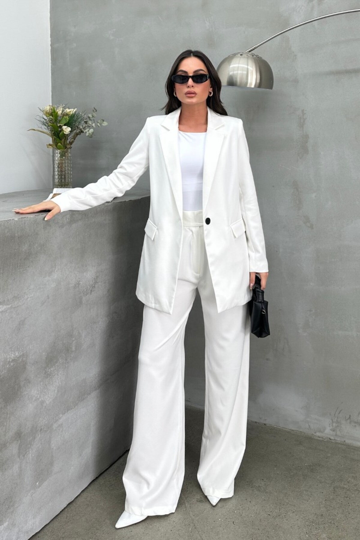 Blazer Veste Femme Blanc Coupe Décontractée Un Bouton Doublé - Görsel 7