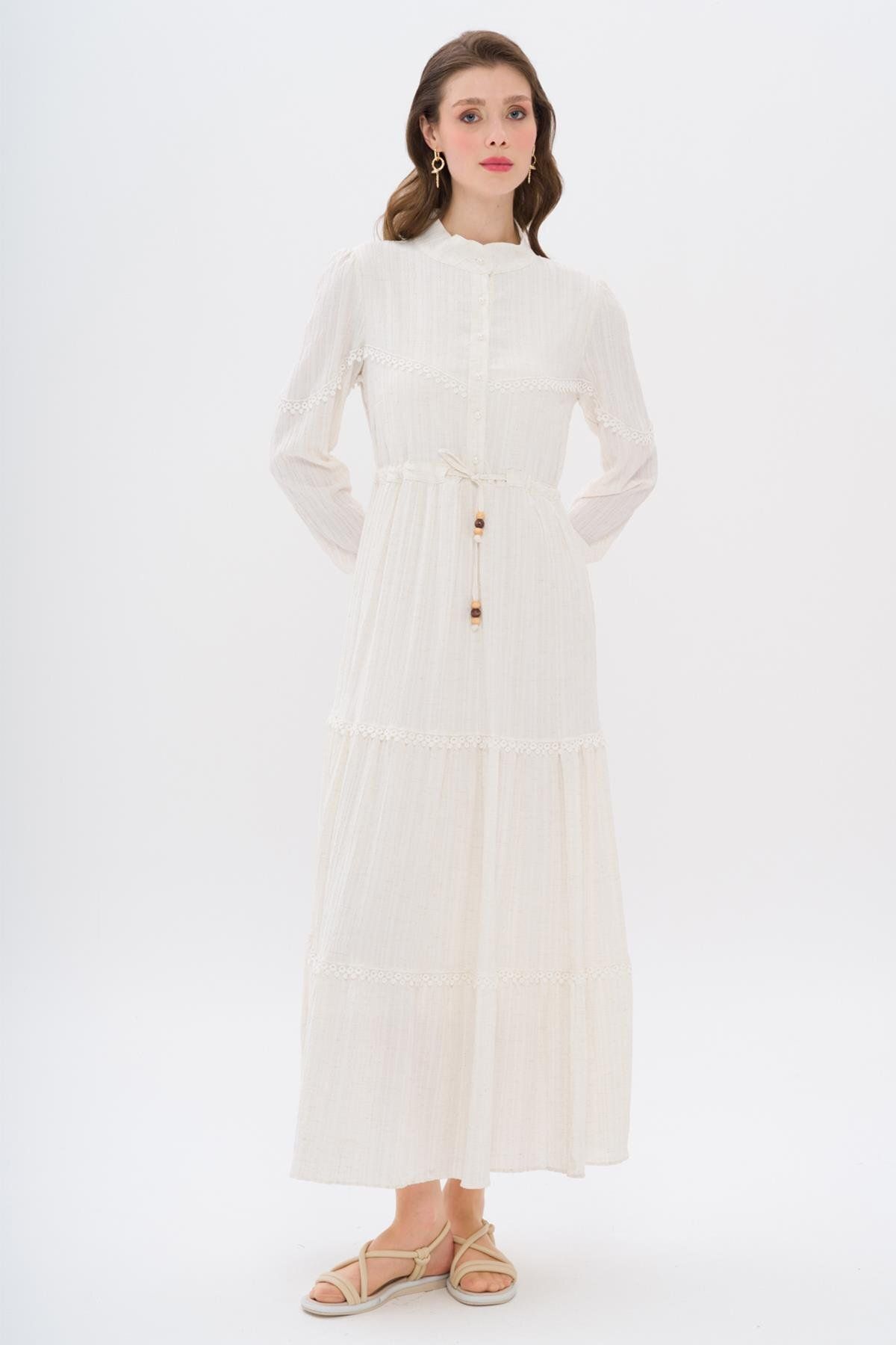 Olcay-Gerafftes Kleid in Leinenoptik mit Muscheldetail an der Taille, Creme 9235-e 4