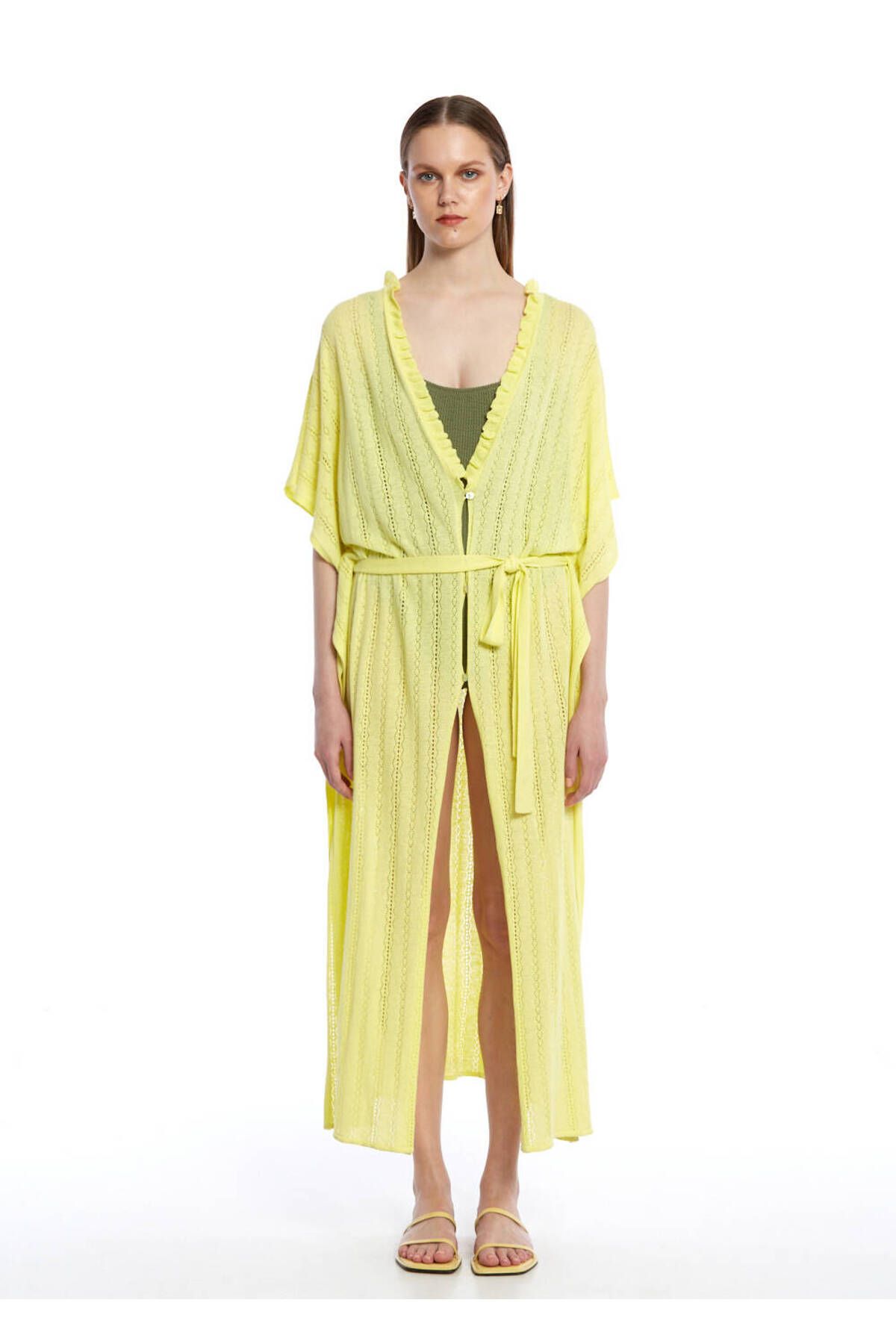 Knitss Ajur Örgü Sarı Triko Kaftan