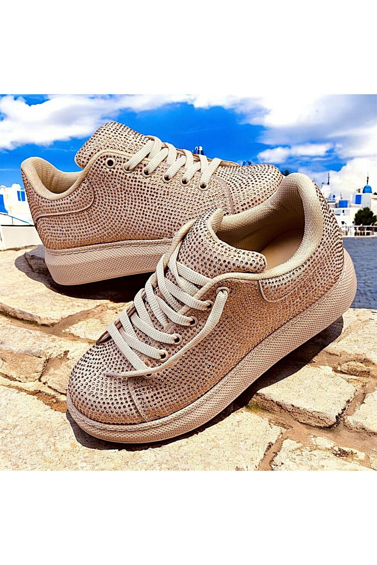 KAFKASLAR AYAKKABI TAŞLI İPLİ KALIN TABAN ORTOPEDİK SPOR SNEAKERS AYAKKABI