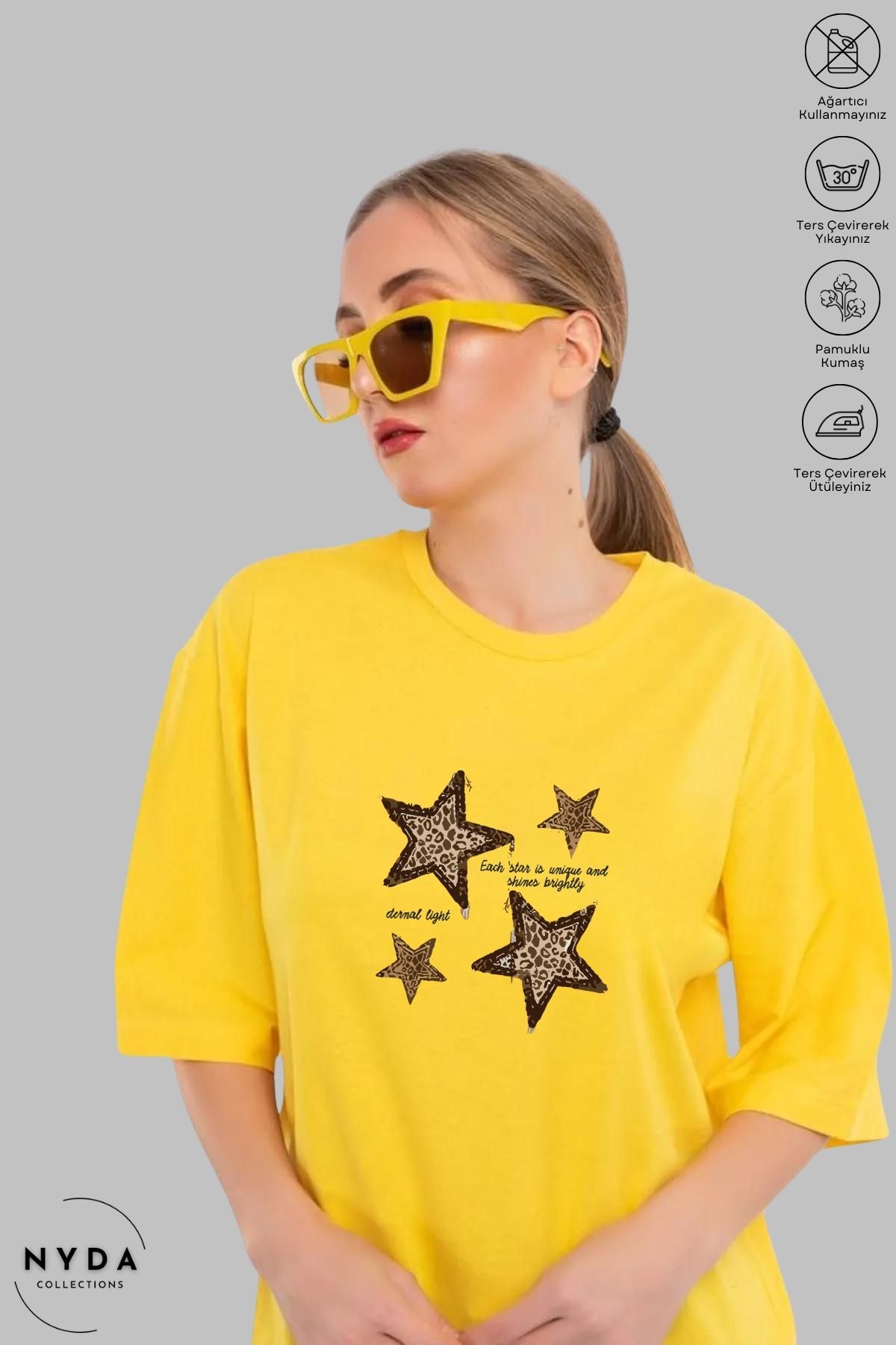 Nyda Collections Unisex Bisiklet Yaka Yıldız Leopar Baskılı Pamuk Oversize Kısa Kollu Tişört