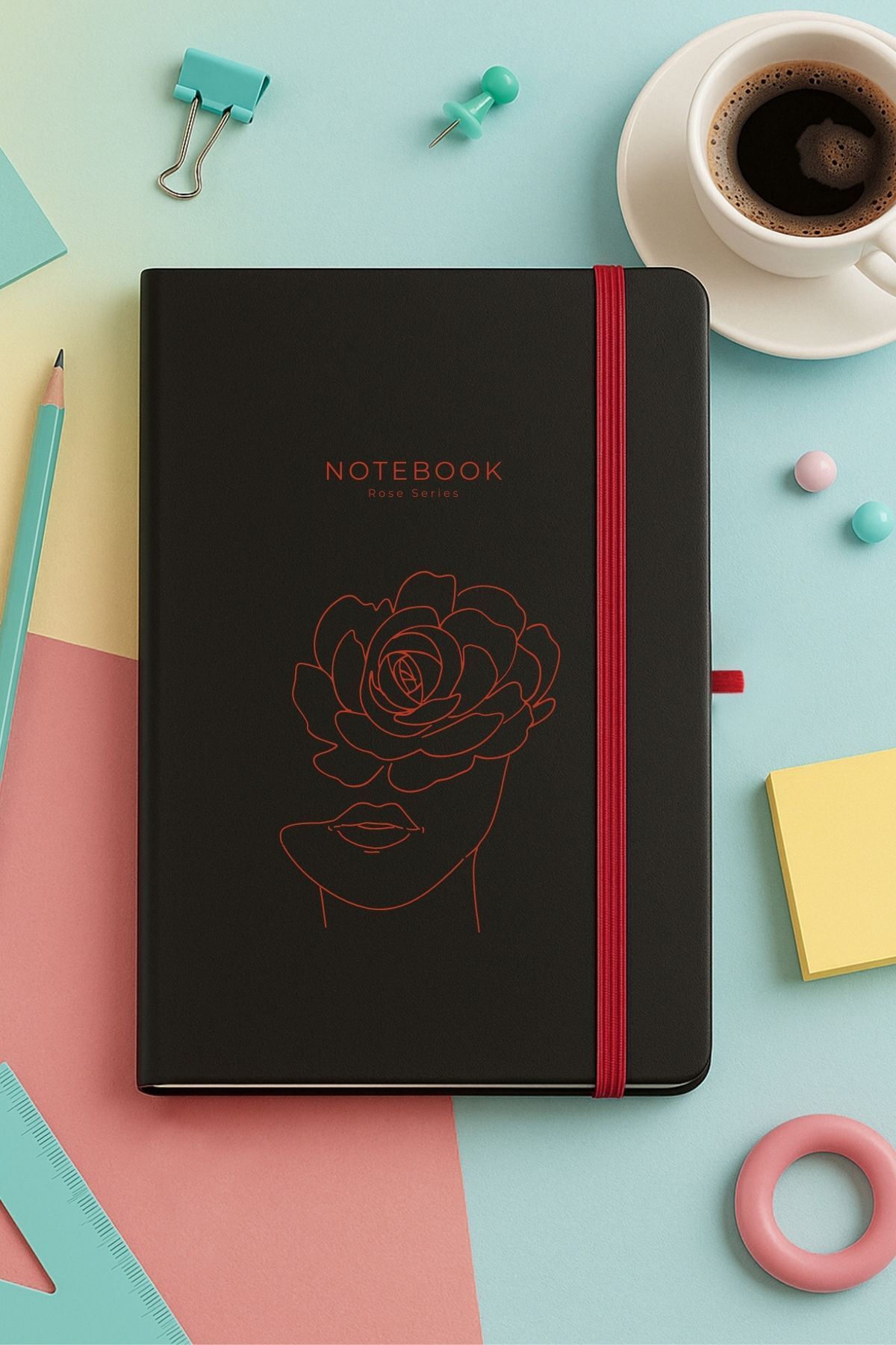 inkglo Kırmızı Gül Desenli Siyah Sert Kapaklı Çizgili Defter Günlük Not Defteri Planner 13x21cm