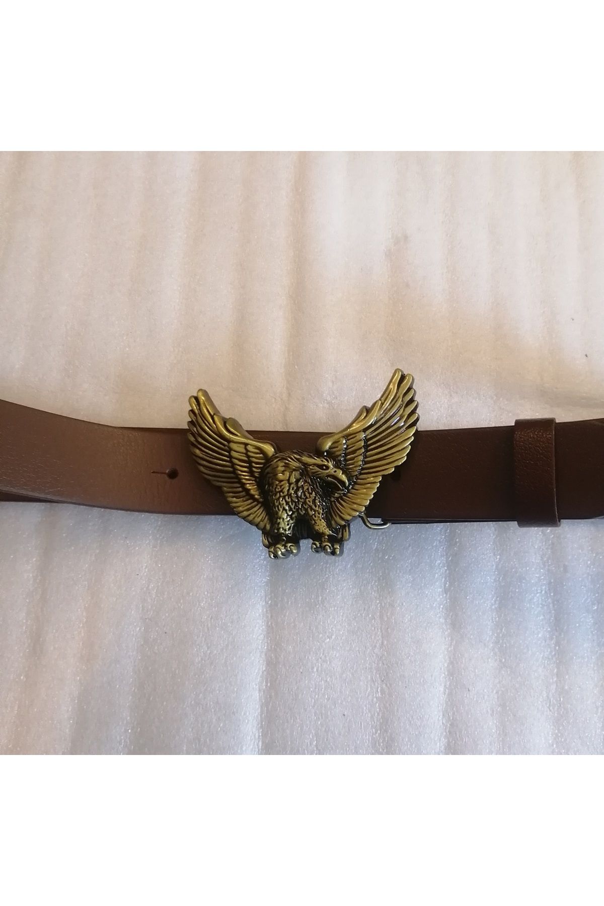 Butik Tülin Unisex otantik hakiki dana derisi kahve bronz açık kanatlı kartal kovboy tokalı kemer Tayland