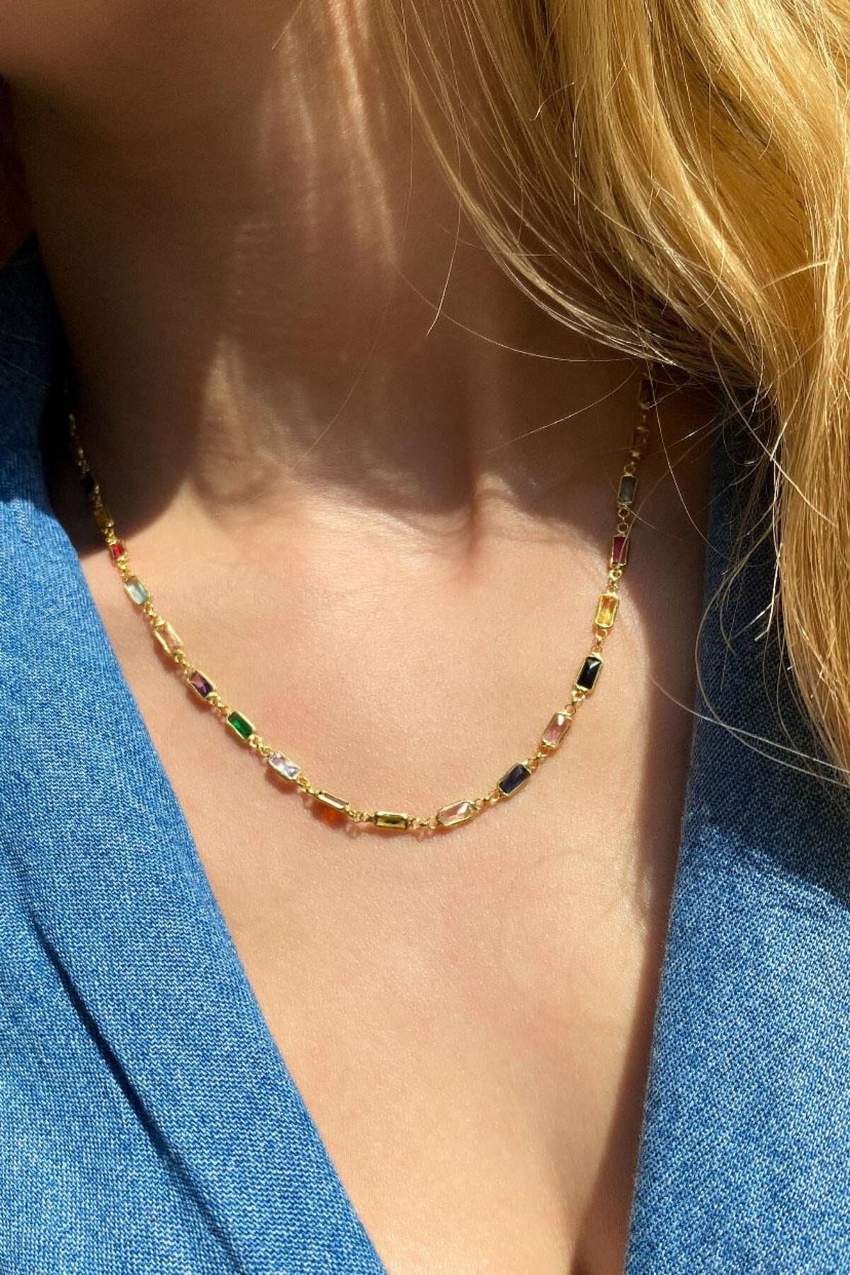 Spossy Silver Jewelry Renkli Dikdörtgen Taşlı Kolye