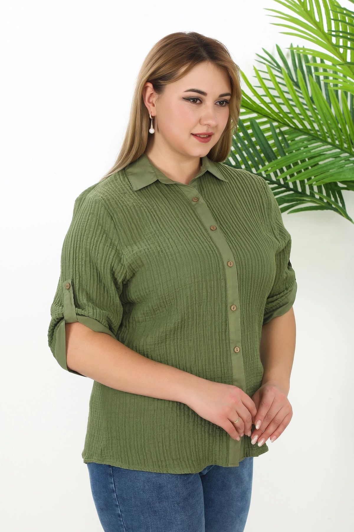 Lady Majestic %100 Cotton Büyük Beden Kadın Müslin Kumaş Gömlek