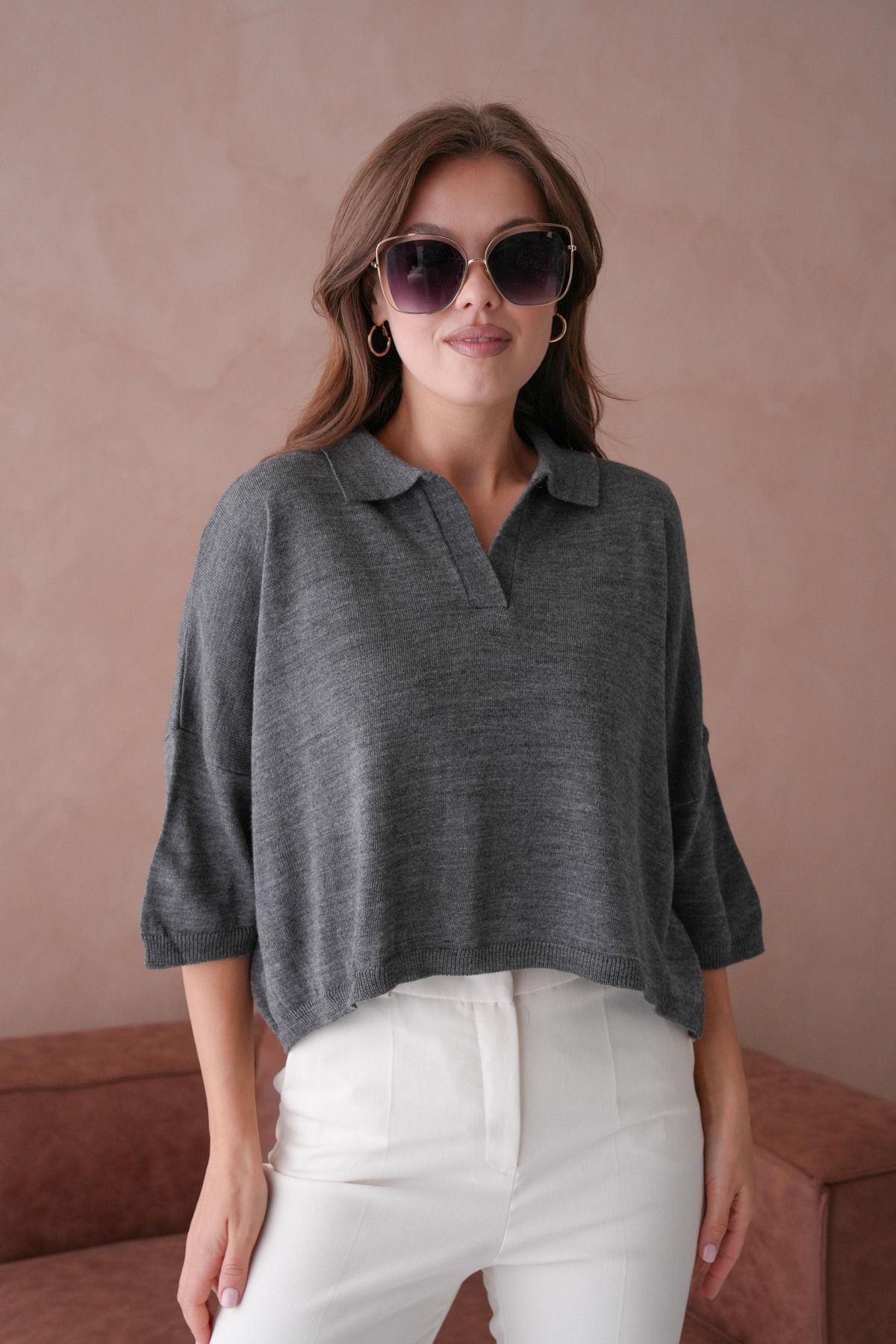 WOMAN VISION Triko Kumaş Polo Yaka Oversize Kalıp Crop Antrasit Kadın Bluz 002