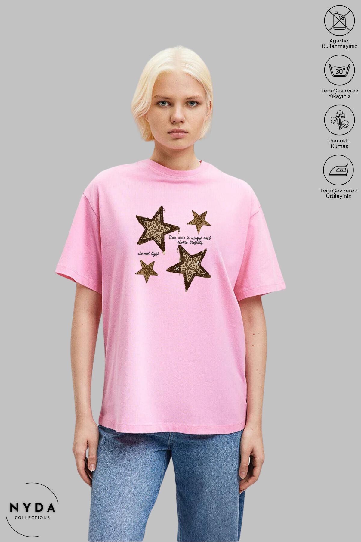 Nyda Collections Unisex Bisiklet Yaka Yıldız Leopar Baskılı Pamuk Oversize Kısa Kollu Tişört