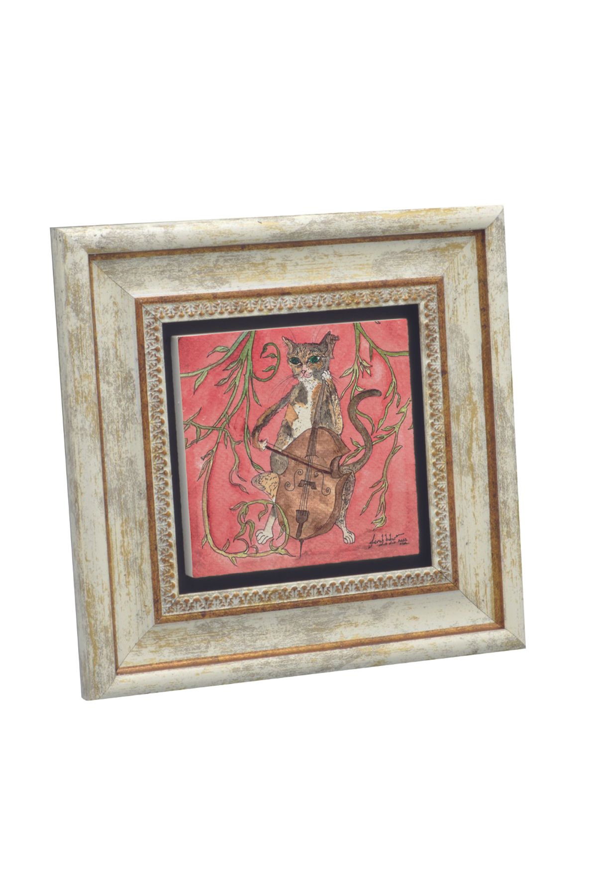 Sadrazam Çello Çalan Kedi Baskılı Doğaltaş Tablo (20 X 20 KRG-172)