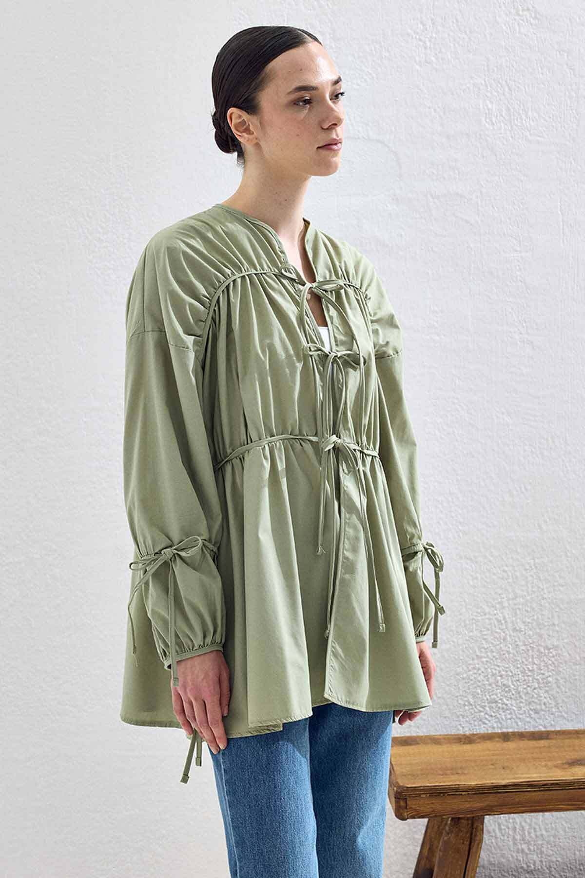 Hooopstore-Gathered Tie-Up Shirt 4