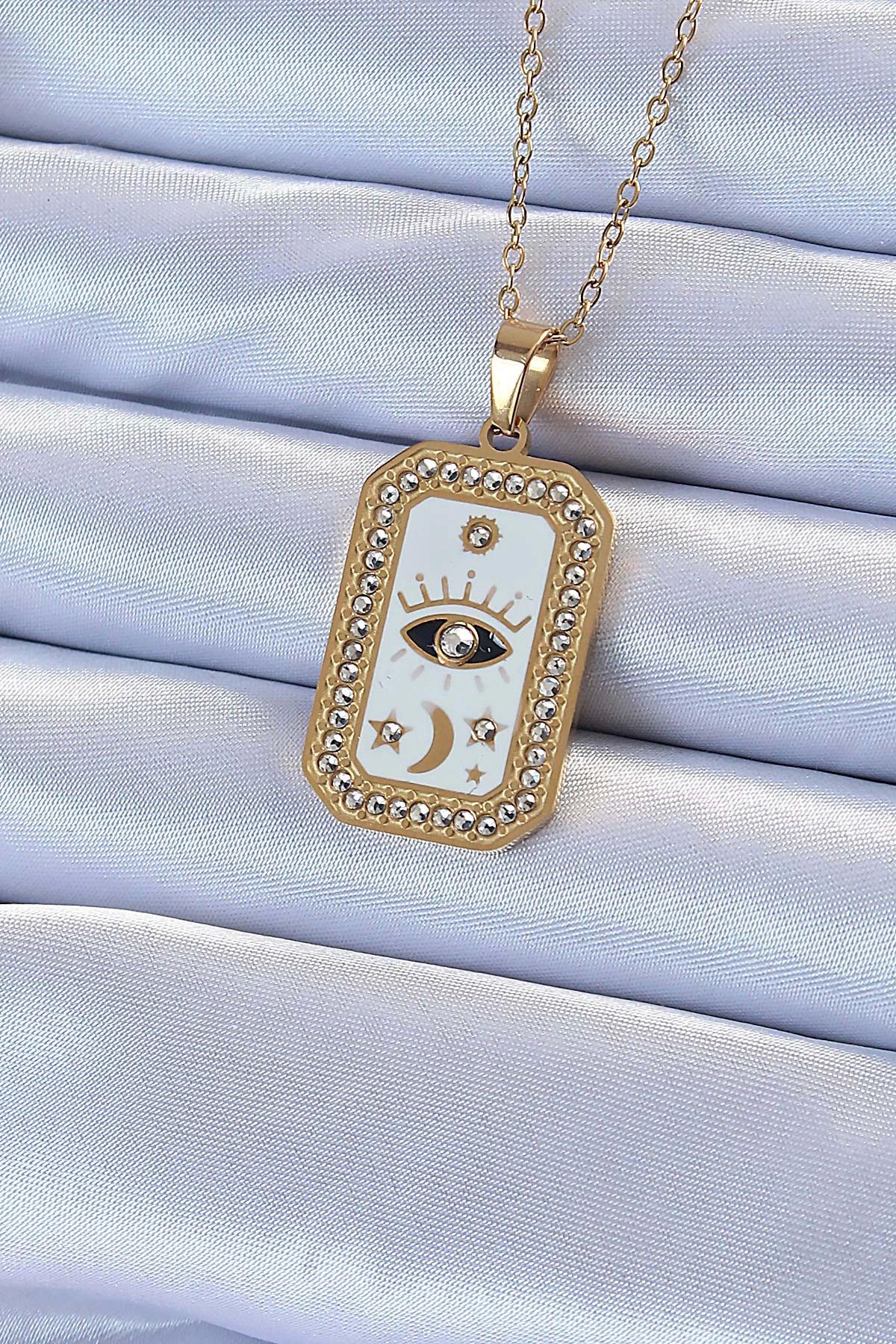 STOREMAX 316L Çelik Zincir Altın Renk Mineli Zirkon Taşlı Göz Figür Tarot Kolye