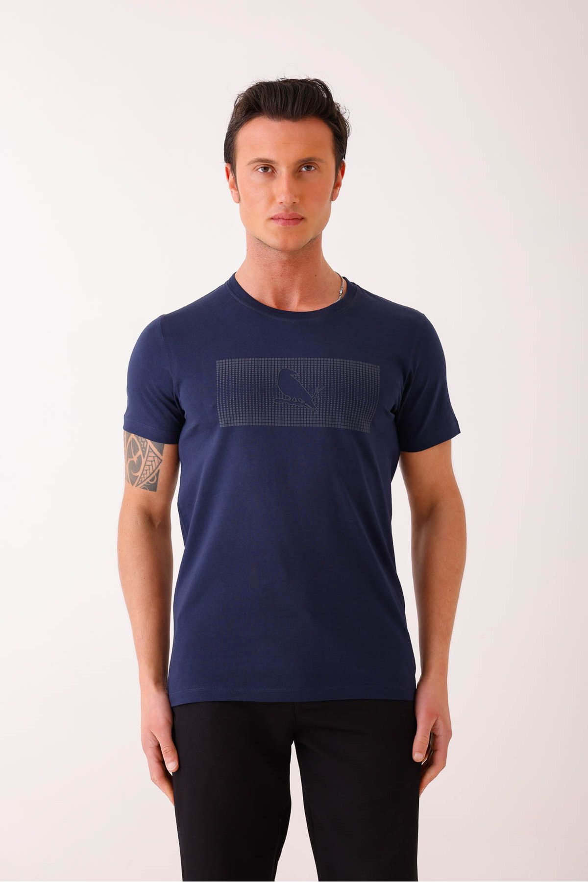 Decas SOLEMNIS Slim Fit Baskılı Basic Tişört - Lacivert
