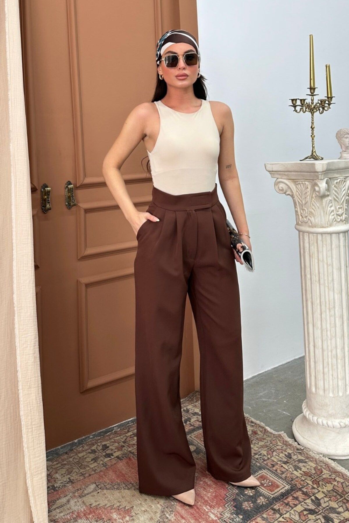 msm fashion Kadın Palazzo Pantolon Beli Cırtlı Çift Cepli Bol Paça Pantolon