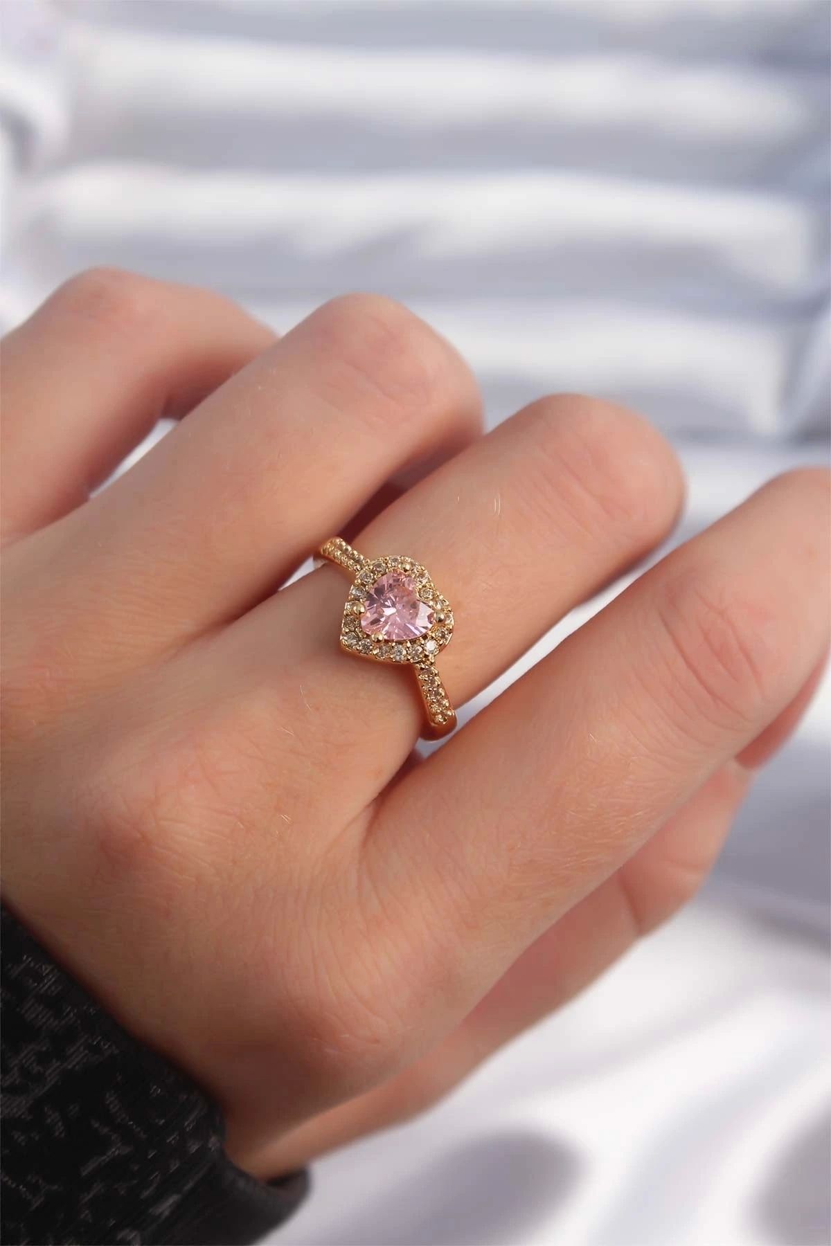 STOREMAX Pirinç Altın Renk Pembe Zirkon Taşlı Charm Model Ayarlanabilir Yüzük