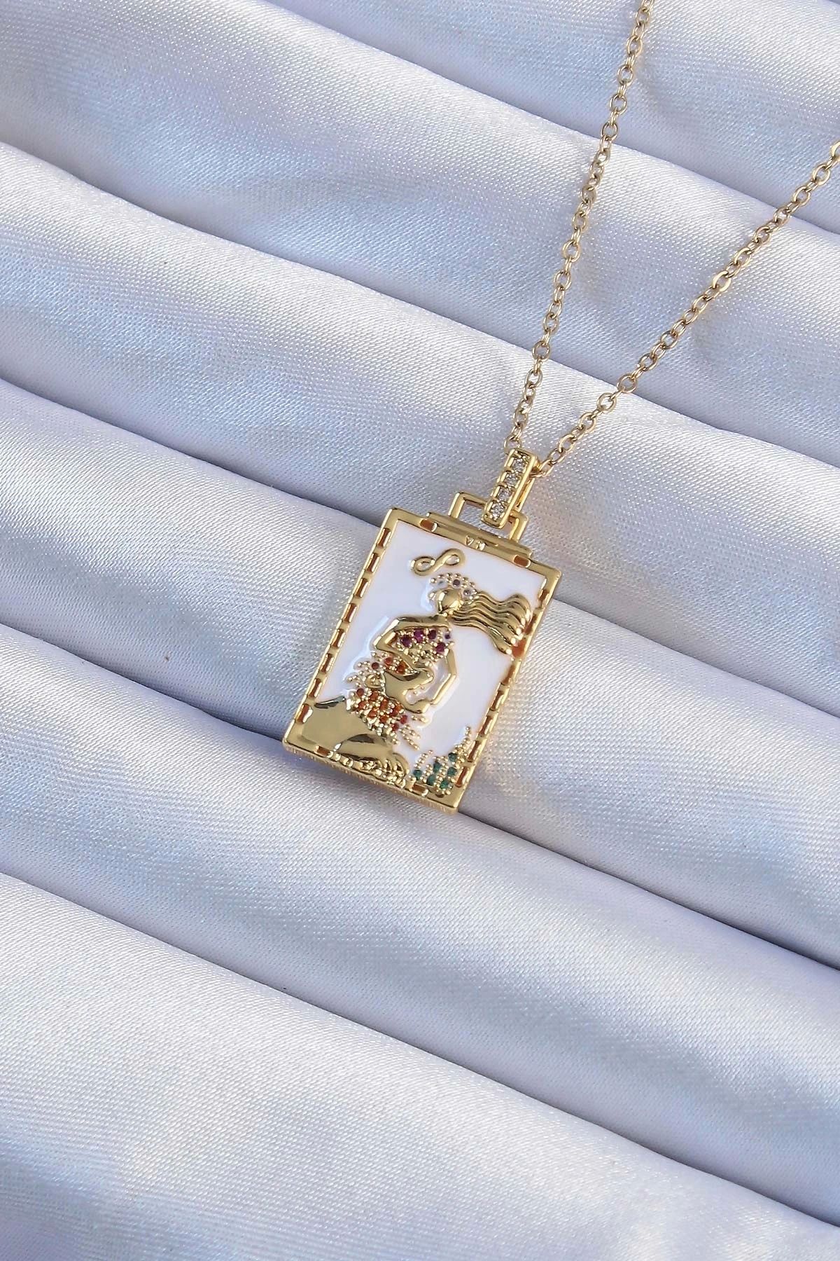 STOREMAX 316L Çelik Zincir Altın Renk Beyaz Mineli Tarot Kolye