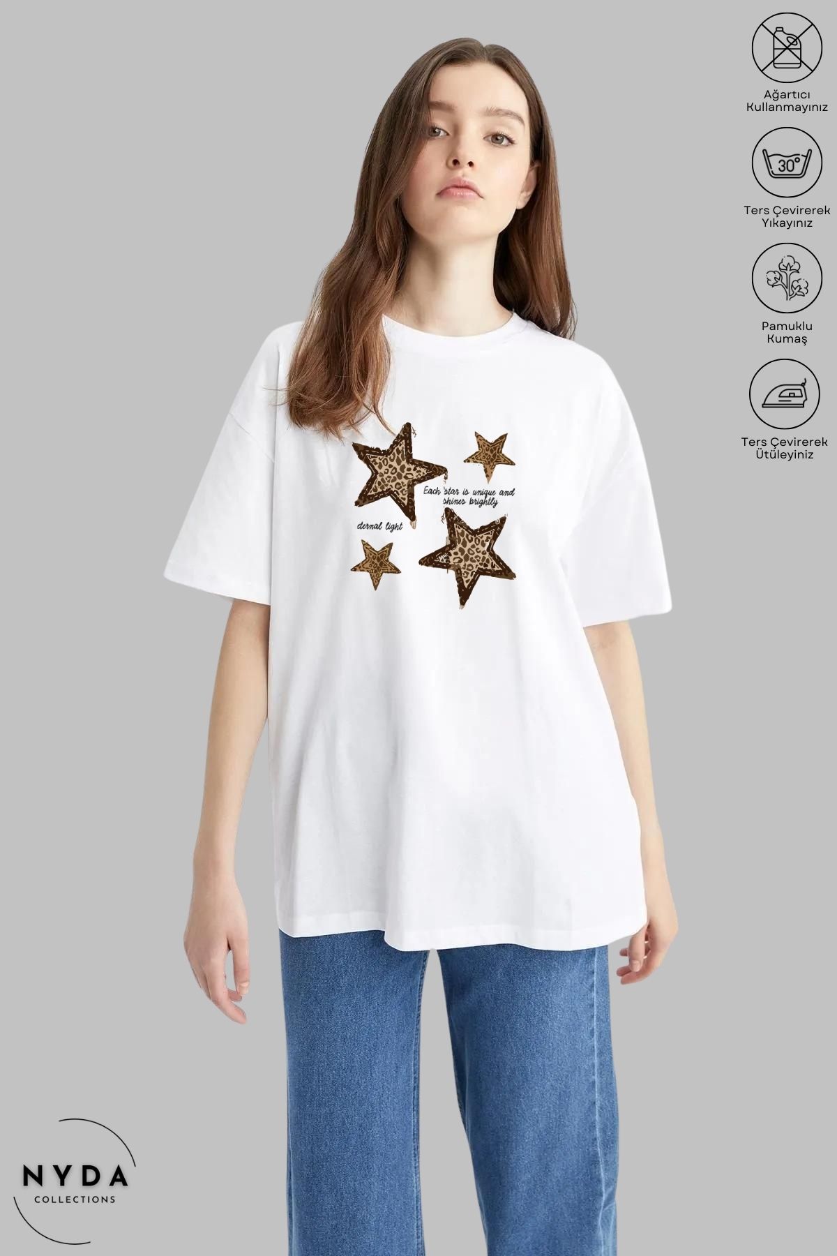Nyda Collections Unisex Bisiklet Yaka Yıldız Leopar Baskılı Pamuk Oversize Kısa Kollu Tişört