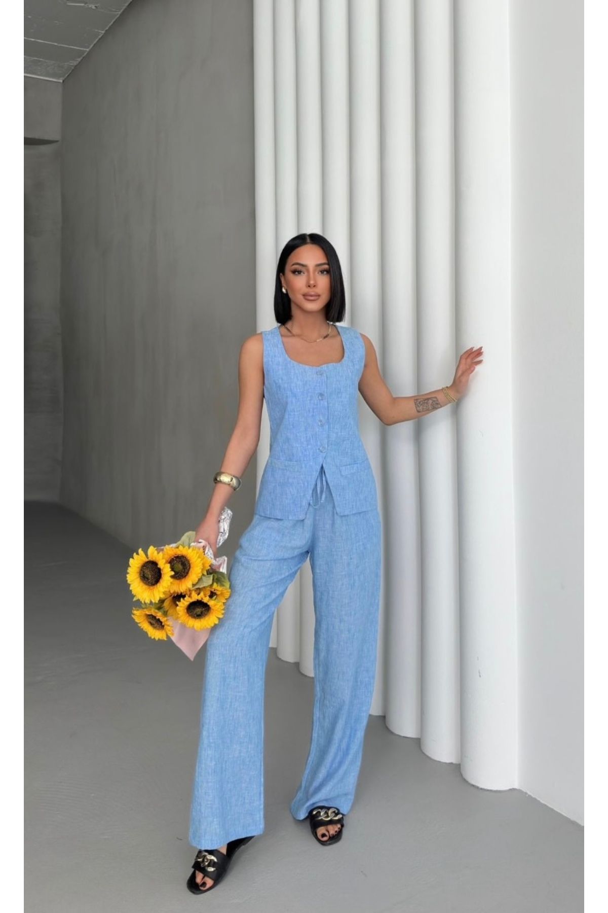 butiksosyete38 Keten Yelekli Takım