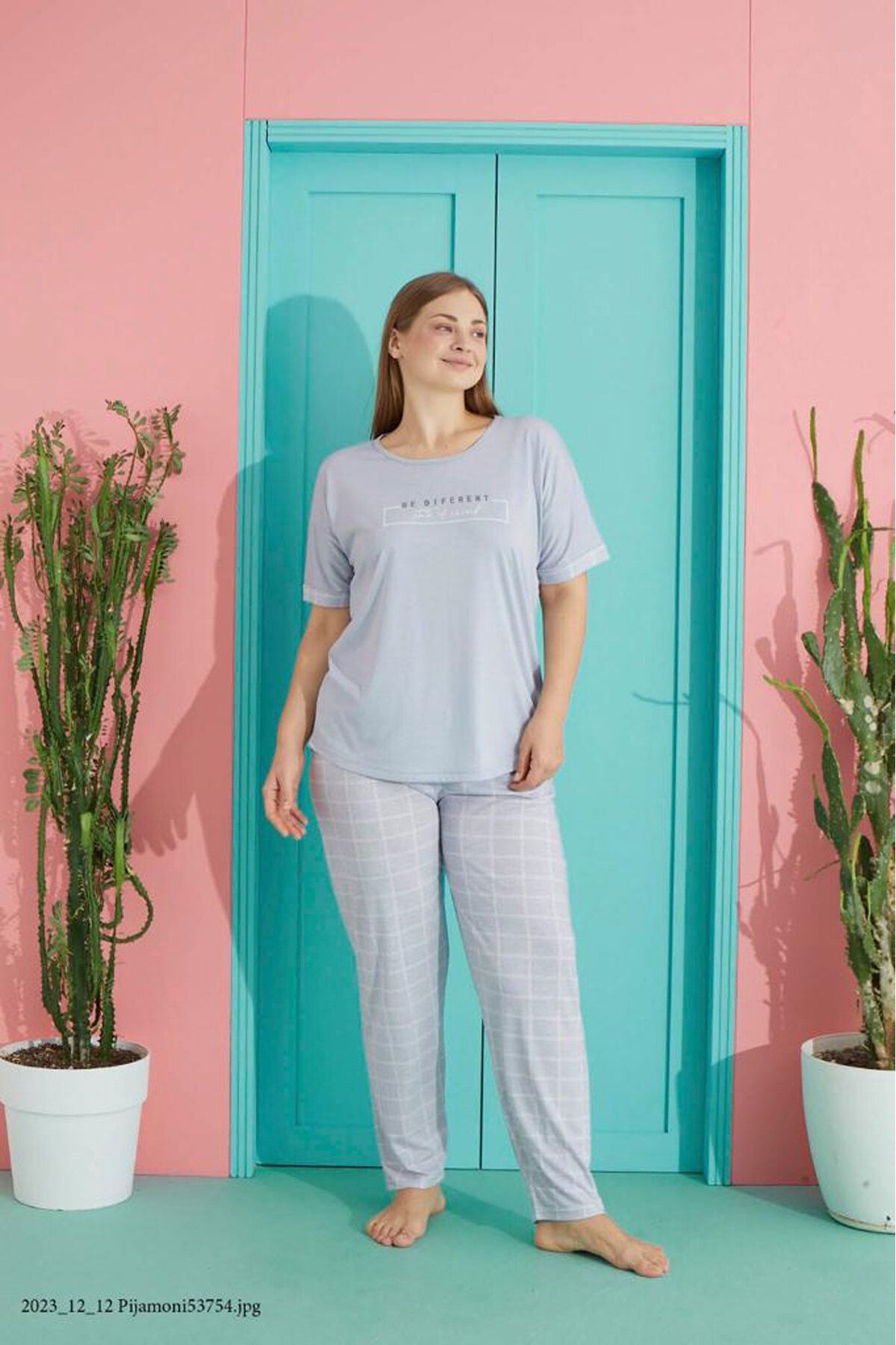 Pijamoni Polyviskon Battal Kısa Kol Alt Uzun Pijama Takımı