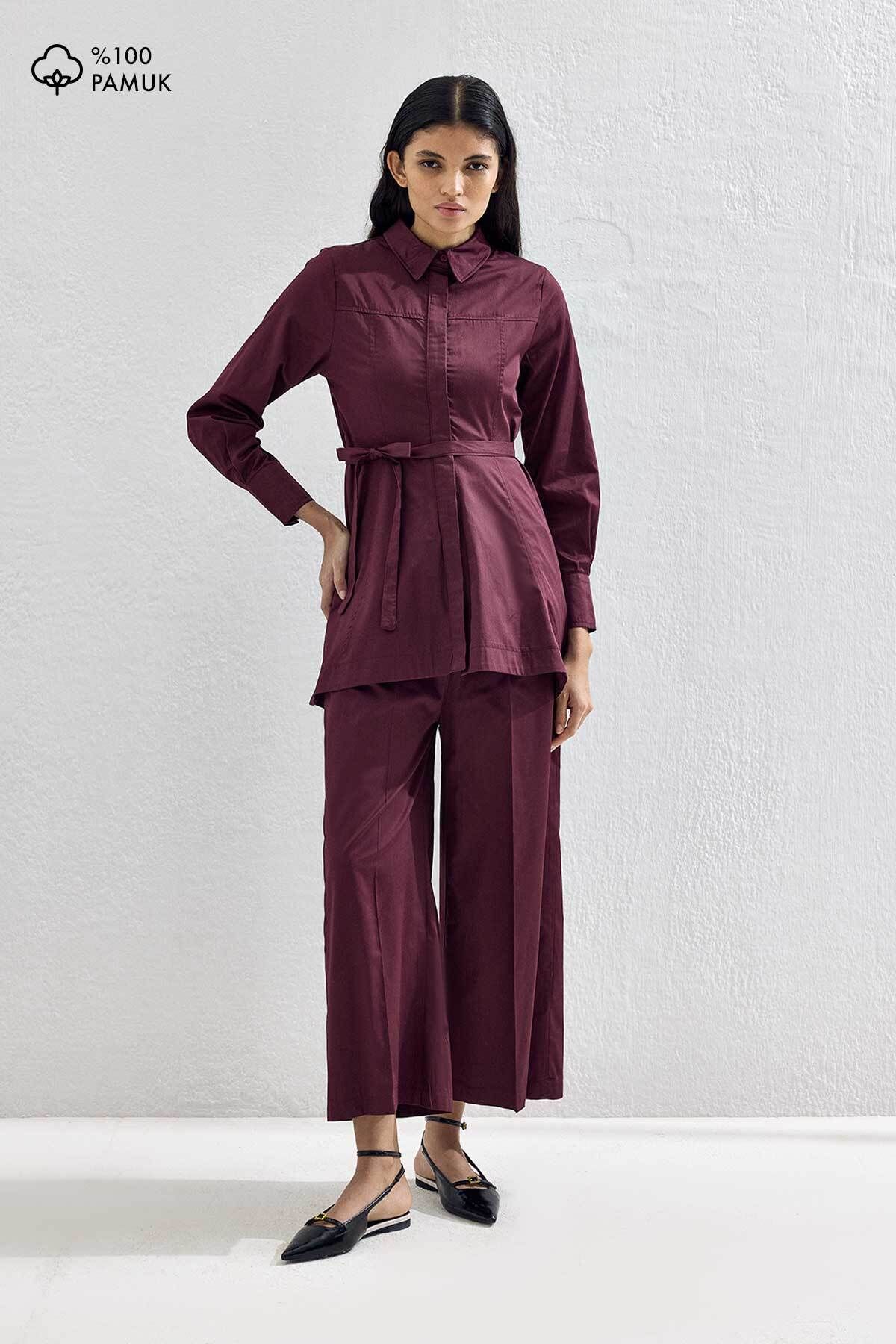 Hooopstore Cosmo Bel Detaylı Pamuklu Bordo Pantolon Takım