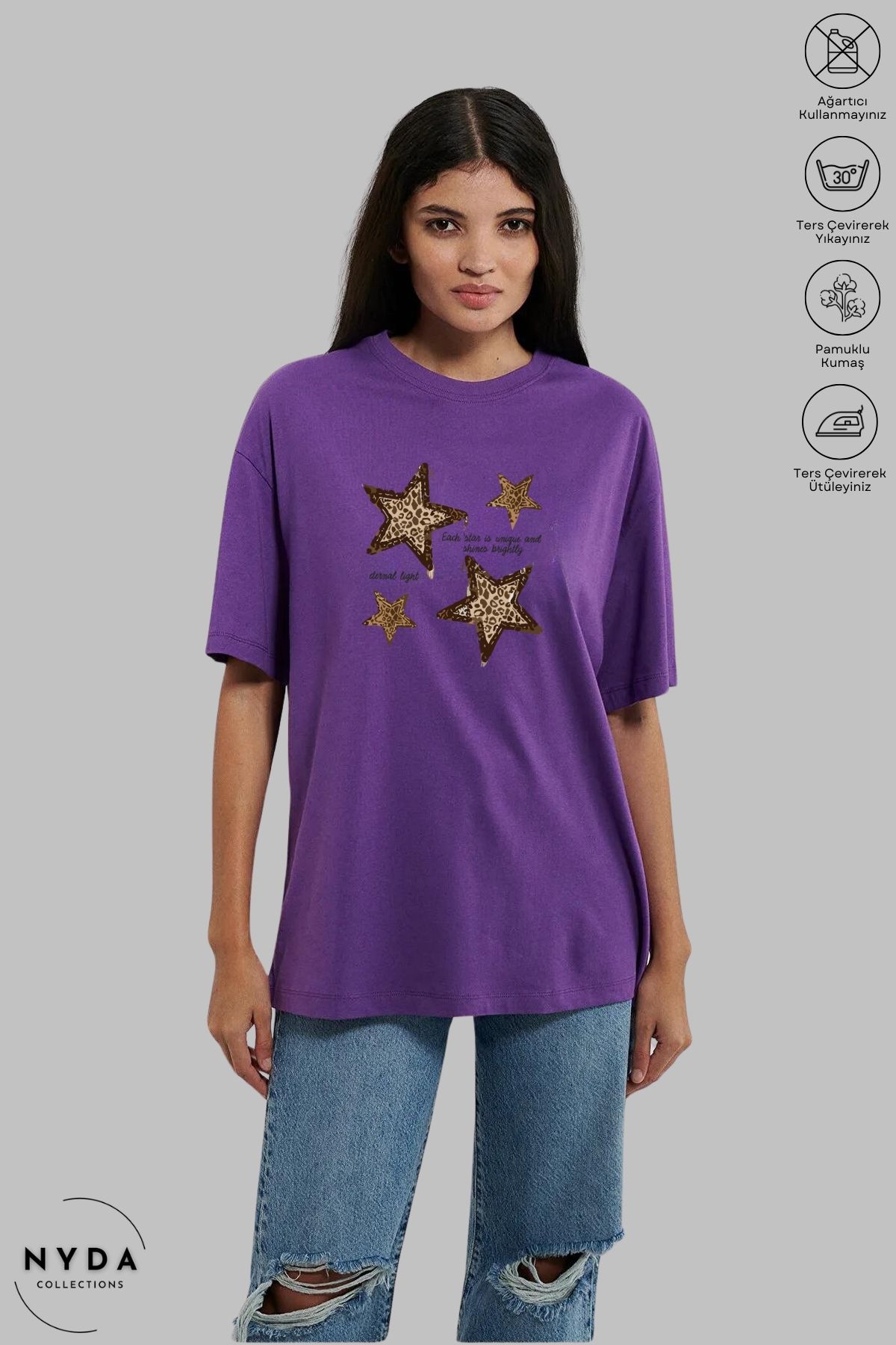 Nyda Collections Unisex Bisiklet Yaka Yıldız Leopar Baskılı Pamuk Oversize Kısa Kollu Tişört
