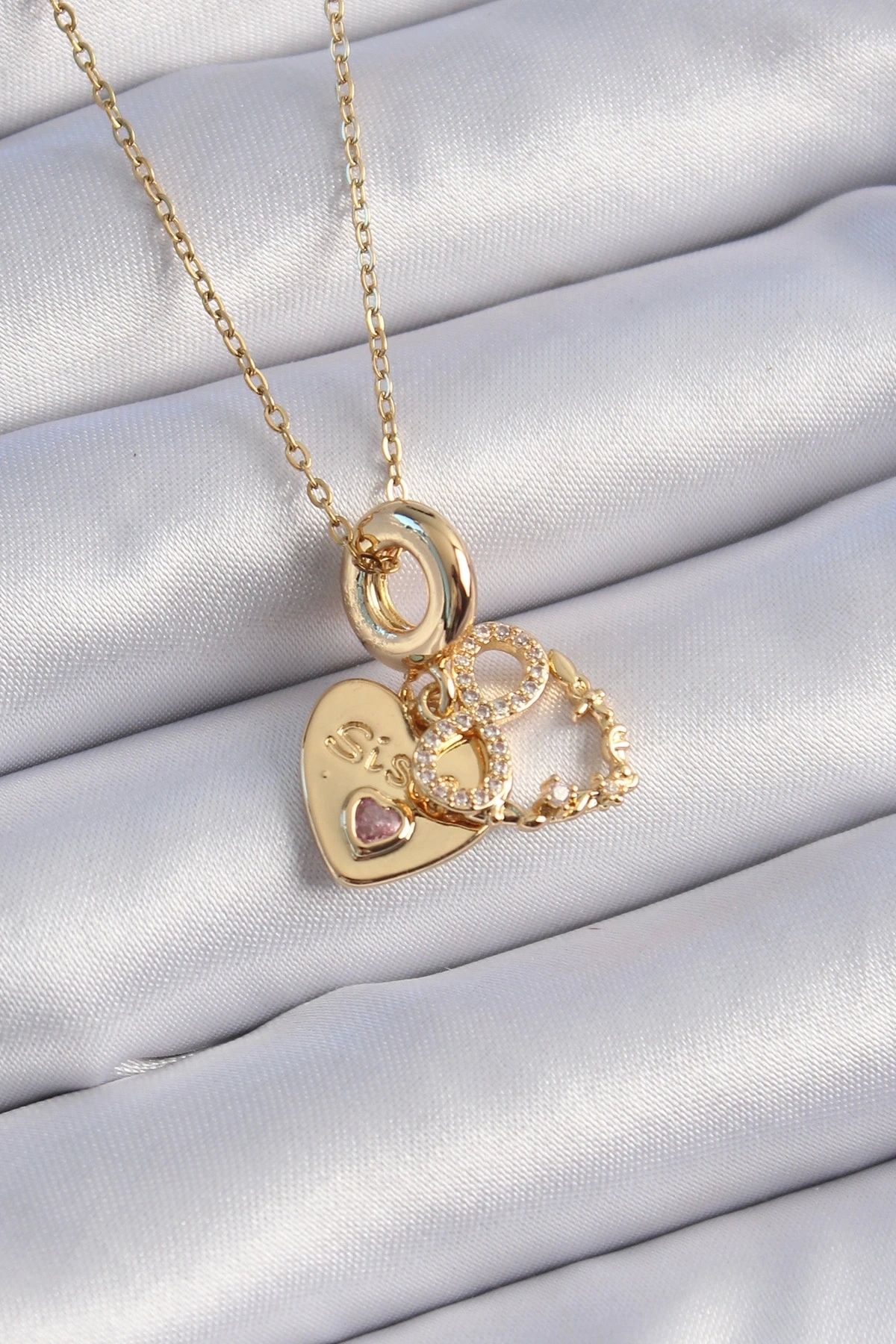 STOREMAX 316L Çelik Gold Renk Zirkon Taşlı Sonsuzluk Kalp Figür Charm Model Kadın Kolye