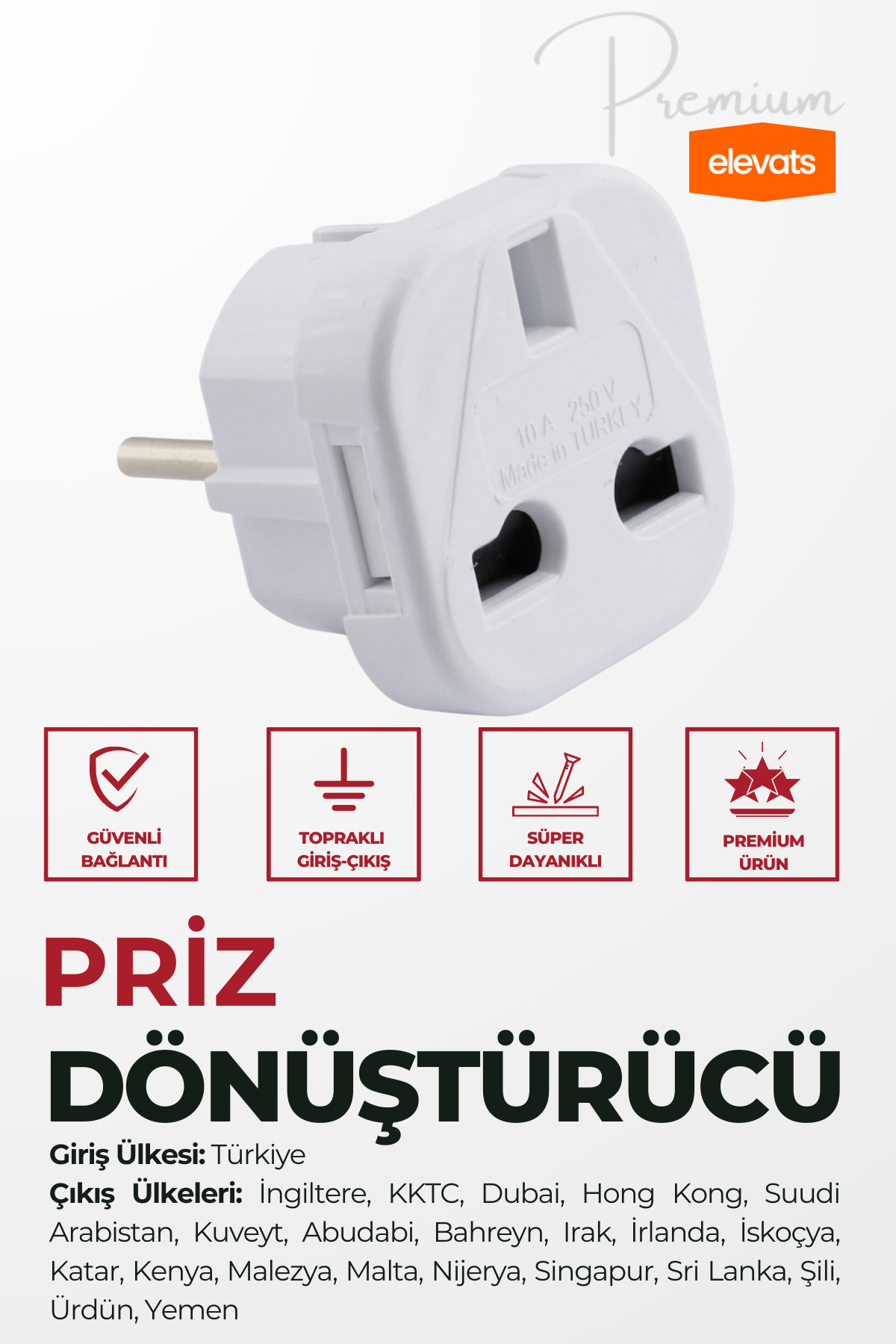 Elevats Premium Ingiliz Priz (FİŞ) Çevirici Dönüştürücü Türk Prizi Ingiliz Prizine Çeviren Priz Dönüştürücü