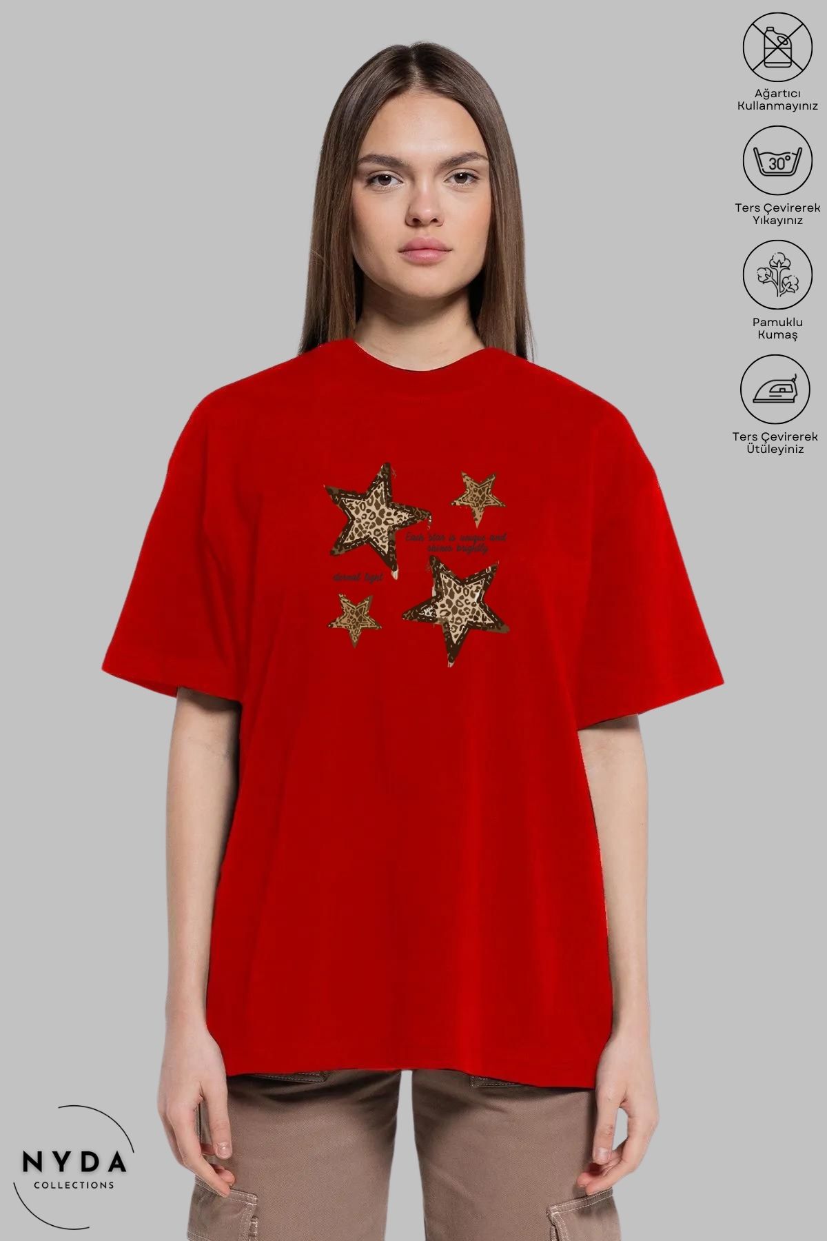 Nyda Collections Unisex Bisiklet Yaka Yıldız Leopar Baskılı Pamuk Oversize Kısa Kollu Tişört