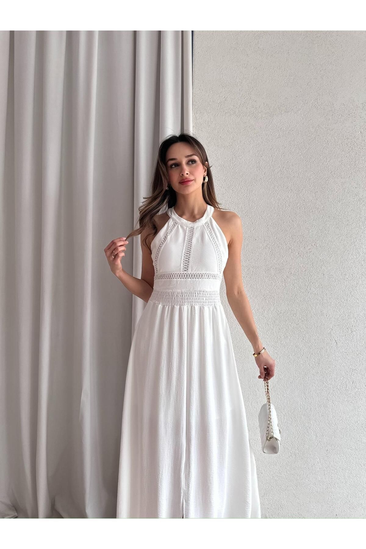 Mooi Butik SAMARA Maxi Elbise 3472 - Beyaz