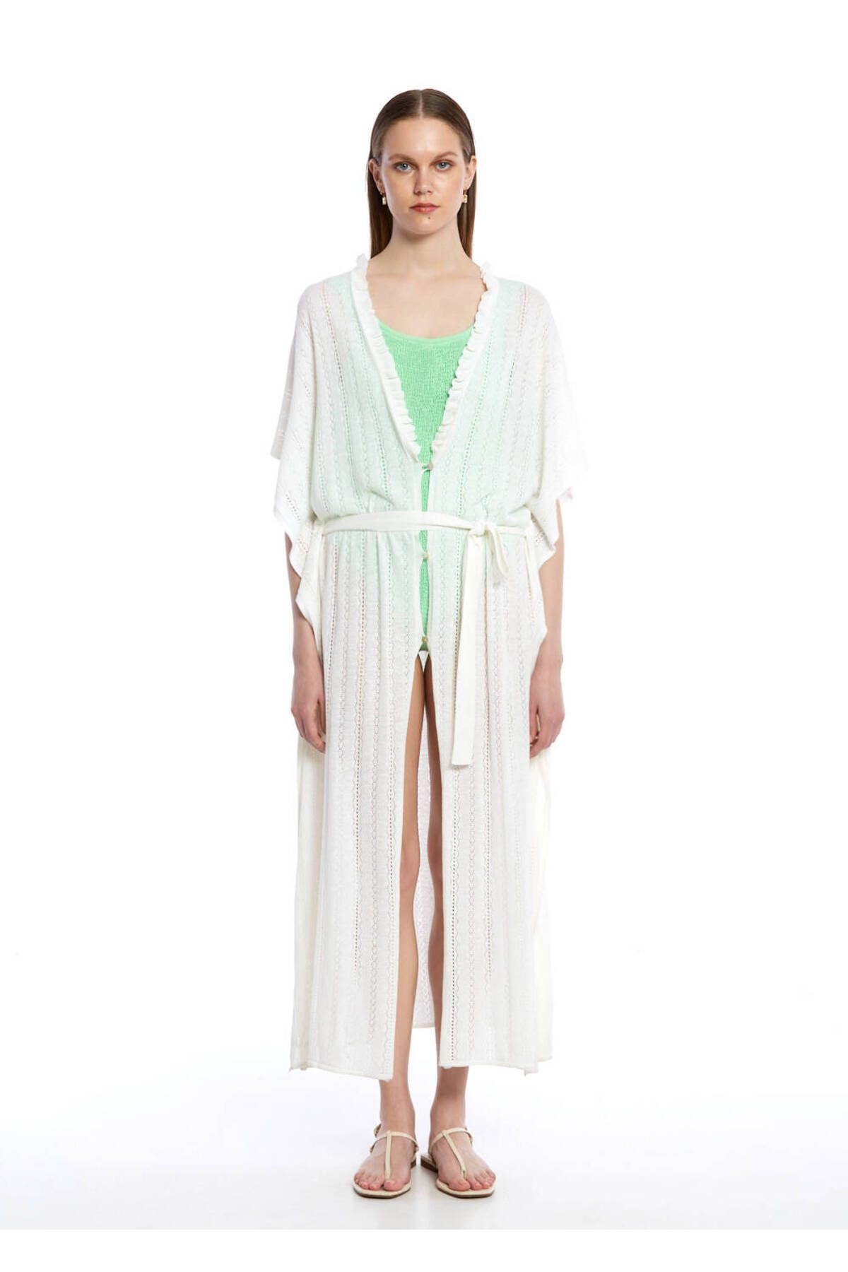 Knitss Ajur Örgü Beyaz Triko Kaftan