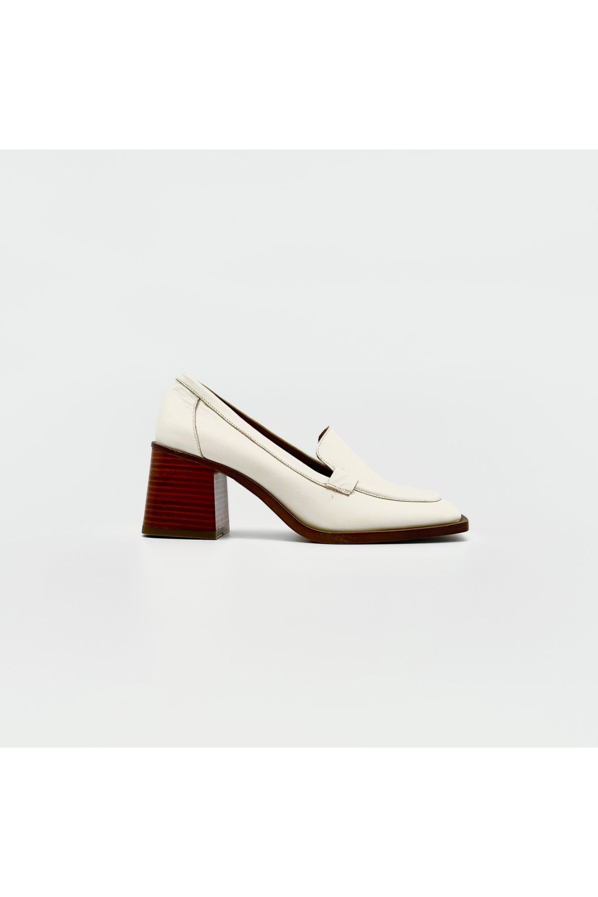 Folle Krem Hakiki Deri Topuklu Loafer – 7 cm Ahşap Topuklu