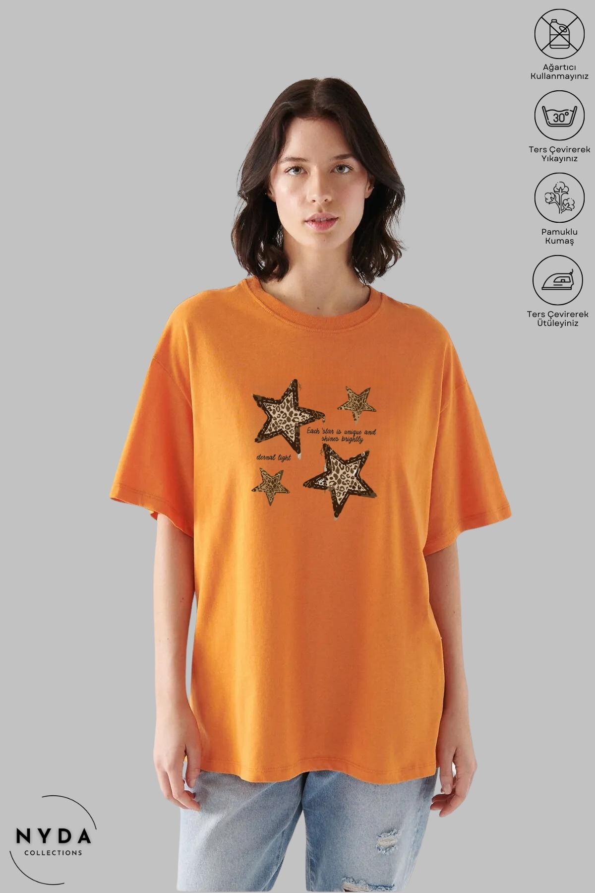 Nyda Collections Unisex Bisiklet Yaka Yıldız Leopar Baskılı Pamuk Oversize Kısa Kollu Tişört