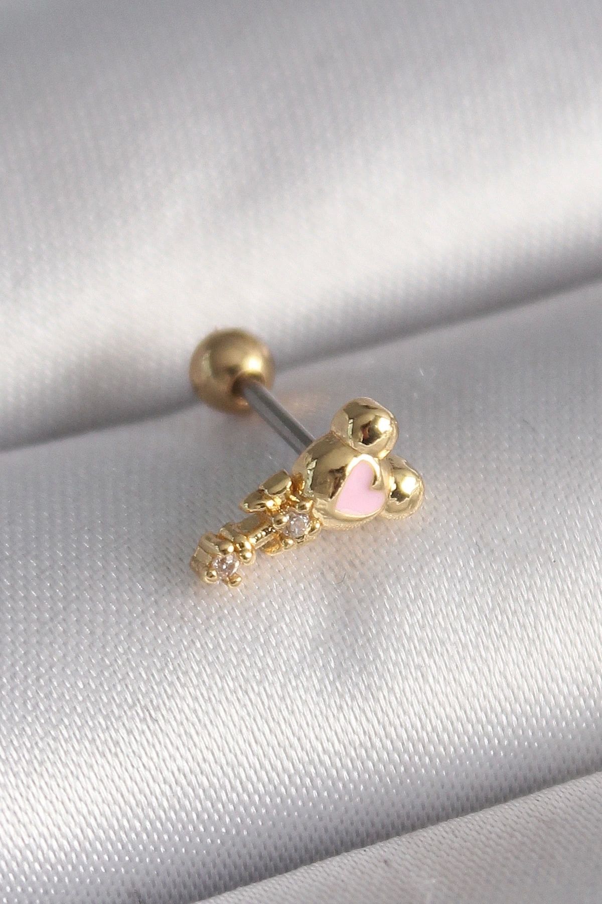 STOREMAX 316L Çelik Gold Renk Zirkon Taş Detay Pembe Kalp İşleme Tragus Piercing
