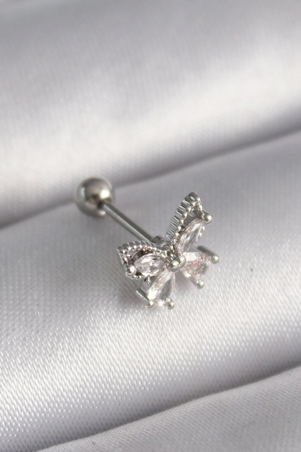 STOREMAX 316L Çelik Gümüş Renk Zirkon Taşlı Kelebek Tragus Piercing